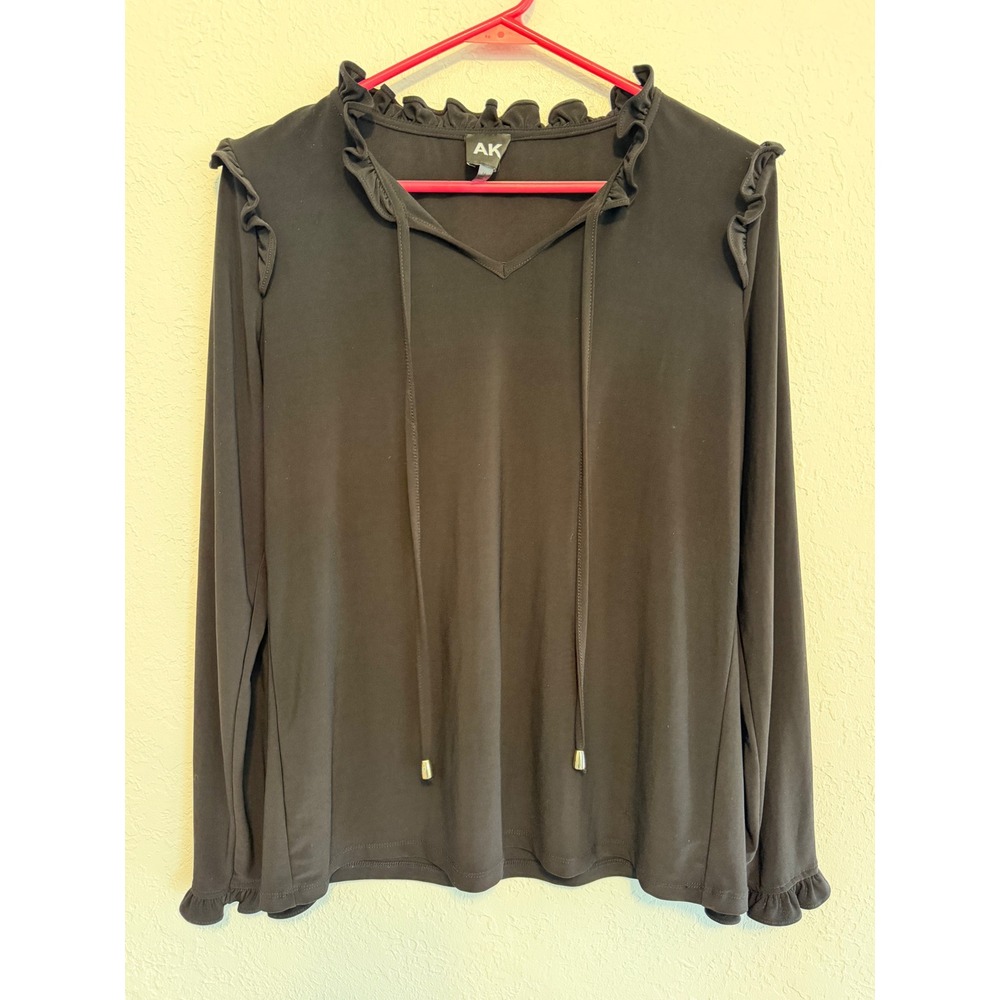 Anne Klein AK Black Ruffle Collar V-Neck Long Sleeve Tie Front Blouse Medium